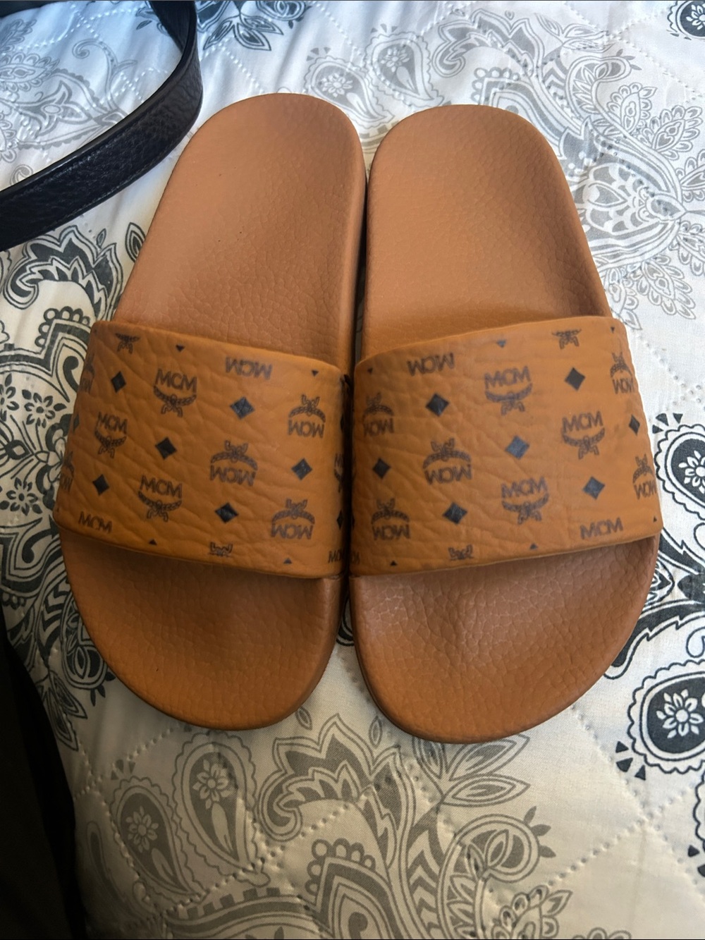 MCM Women Cognac Logo Slide Sandals